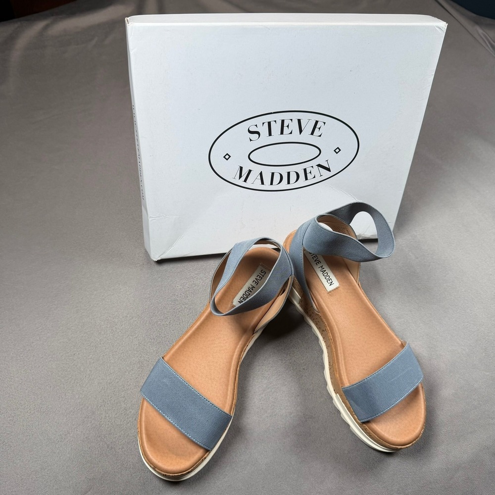 Steve Madden Elba Womens 7 Dusty Blue Elastic Cork Platform Wedge Sandals Casual - Picture 9 of 9